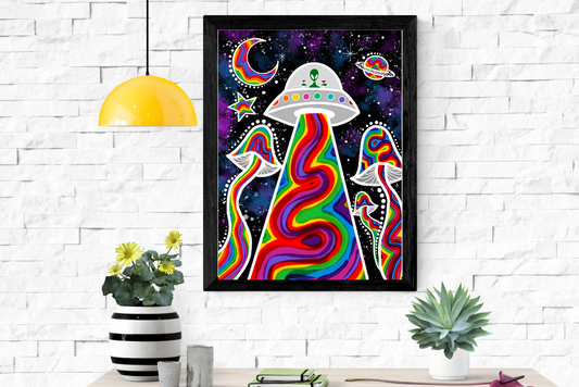 Framed psychedelic artwork of a UFO beaming colorful rainbow light among vibrant mushrooms in a space setting
