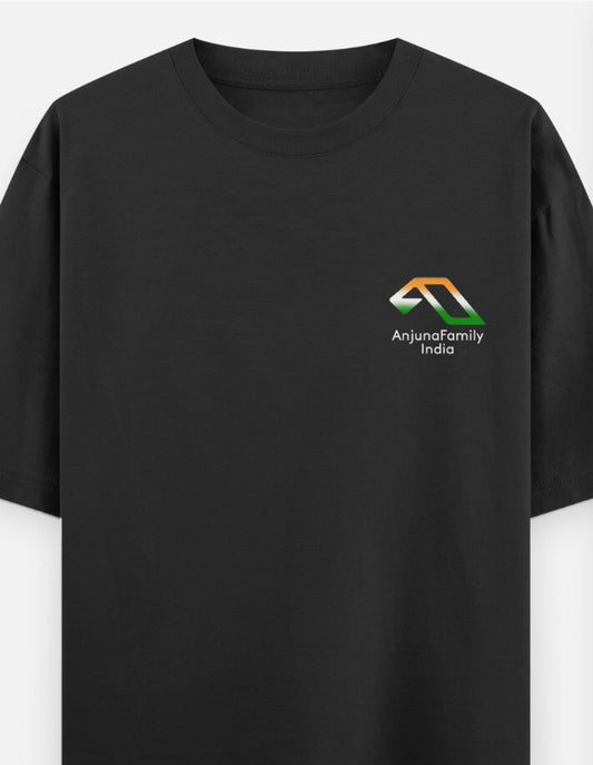 Black t-shirt with Anjuna Family India logo on a white background
