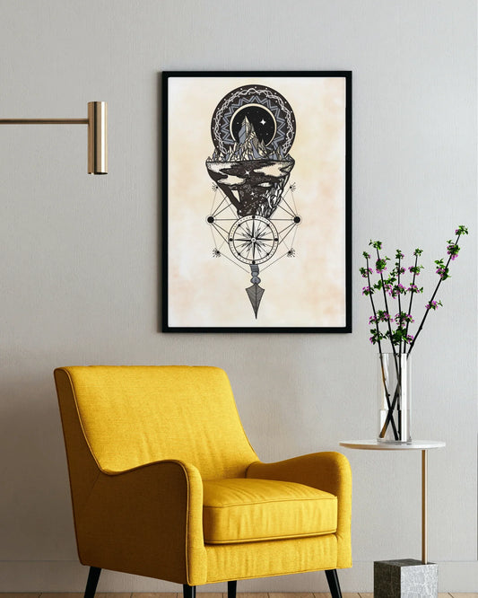 Modern living room with yellow armchair, abstract geometric mountain art, and glass vase with flowers