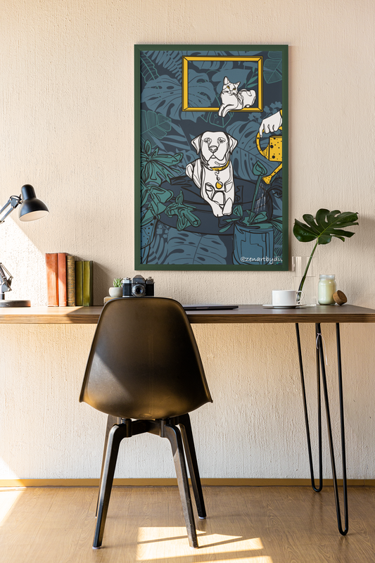 Modern workspace with desk, black chair, lamp, books, camera, and framed pet art of dog, cat, and plants