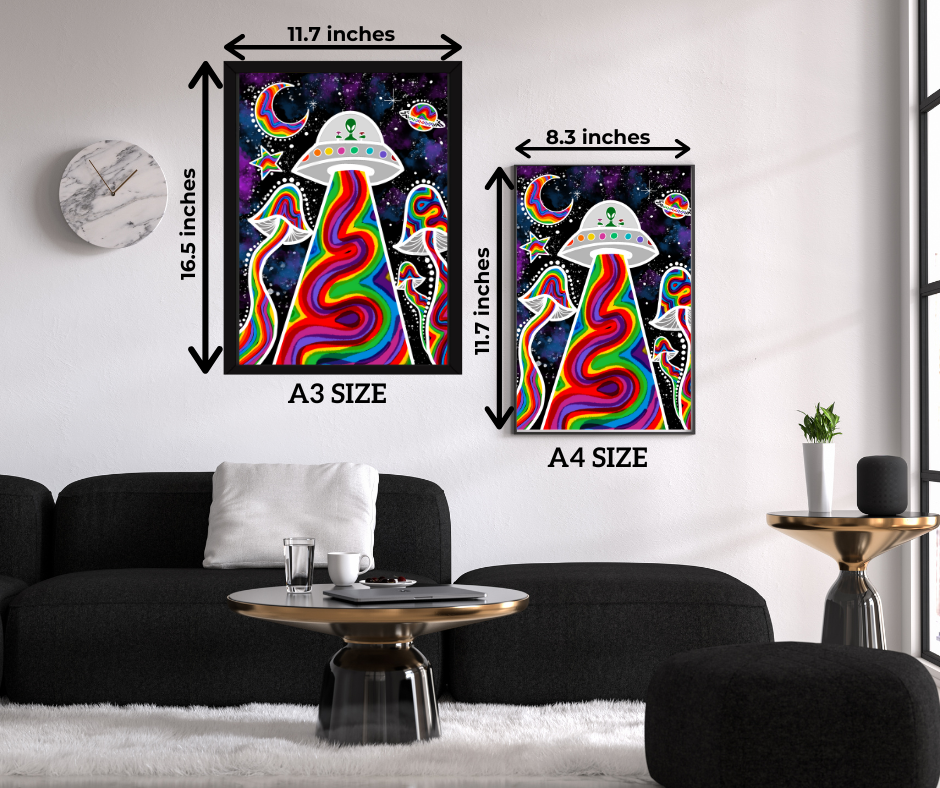 Modern living room with black sofa and two colorful psychedelic UFO posters in A3 and A4 sizes on white wall