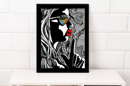 Black and white framed artwork of woman with red lips wearing sunglasses reflecting colorful outdoor scene