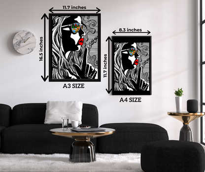 Modern living room with black sofa and wall art showing black-and-white profile of a woman with red lips and colorful sunglasses in A3 and A4 sizes