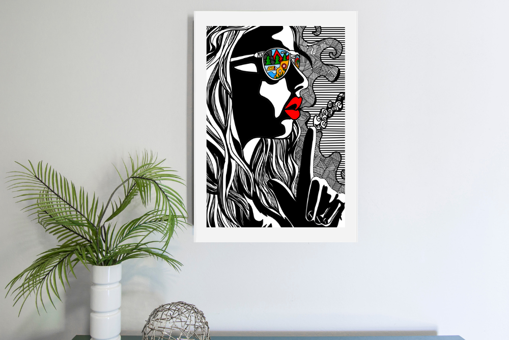 Black and white pop art of woman with red lips smoking, colorful nature reflected in sunglasses