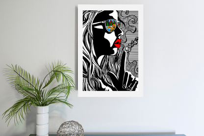 Black and white pop art of woman with red lips smoking, colorful nature reflected in sunglasses