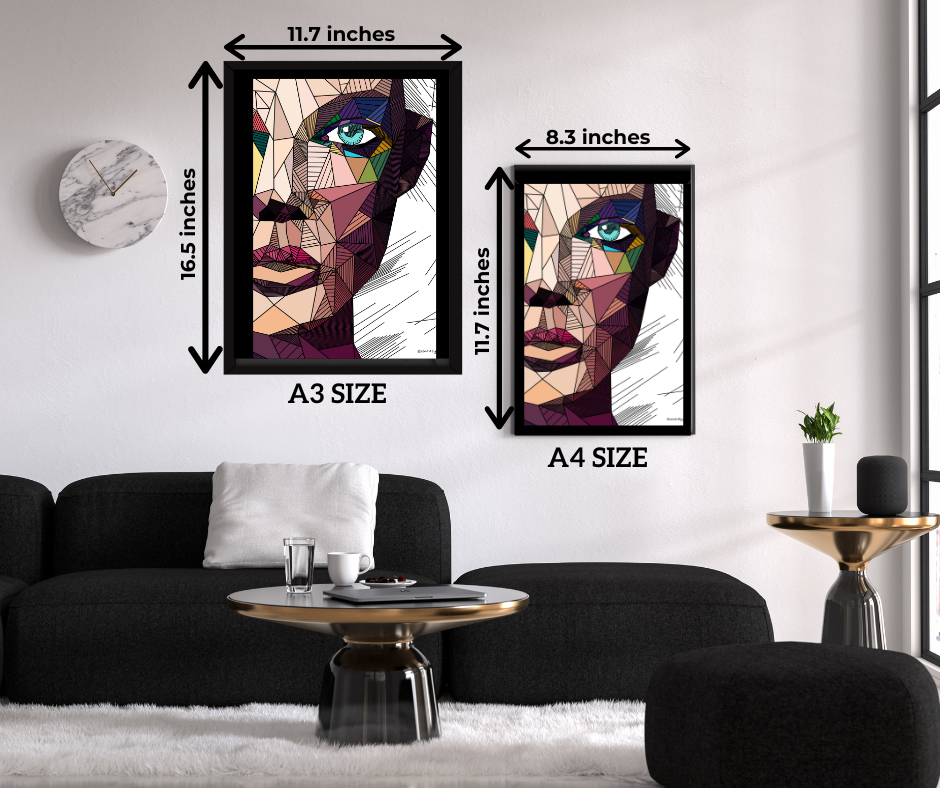 Modern living room with black sofa, abstract geometric digital face art prints in A3 and A4 sizes on white wall