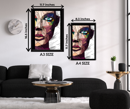 Modern living room with black sofa, abstract geometric digital face art prints in A3 and A4 sizes on white wall