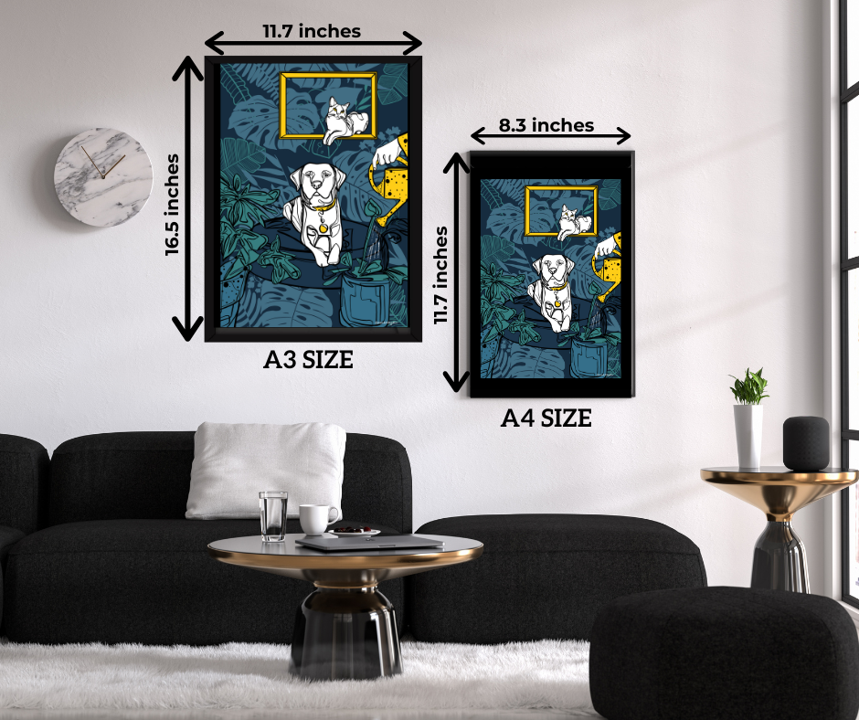 Modern living room with black sofa, gold round tables, and wall art showing pet dog and cat illustrations
