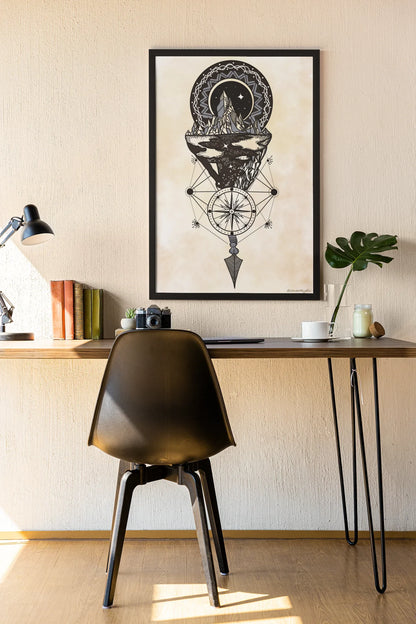 Minimalist workspace with black chair, wooden desk, geometric mountain art print, lamp, books, and plant