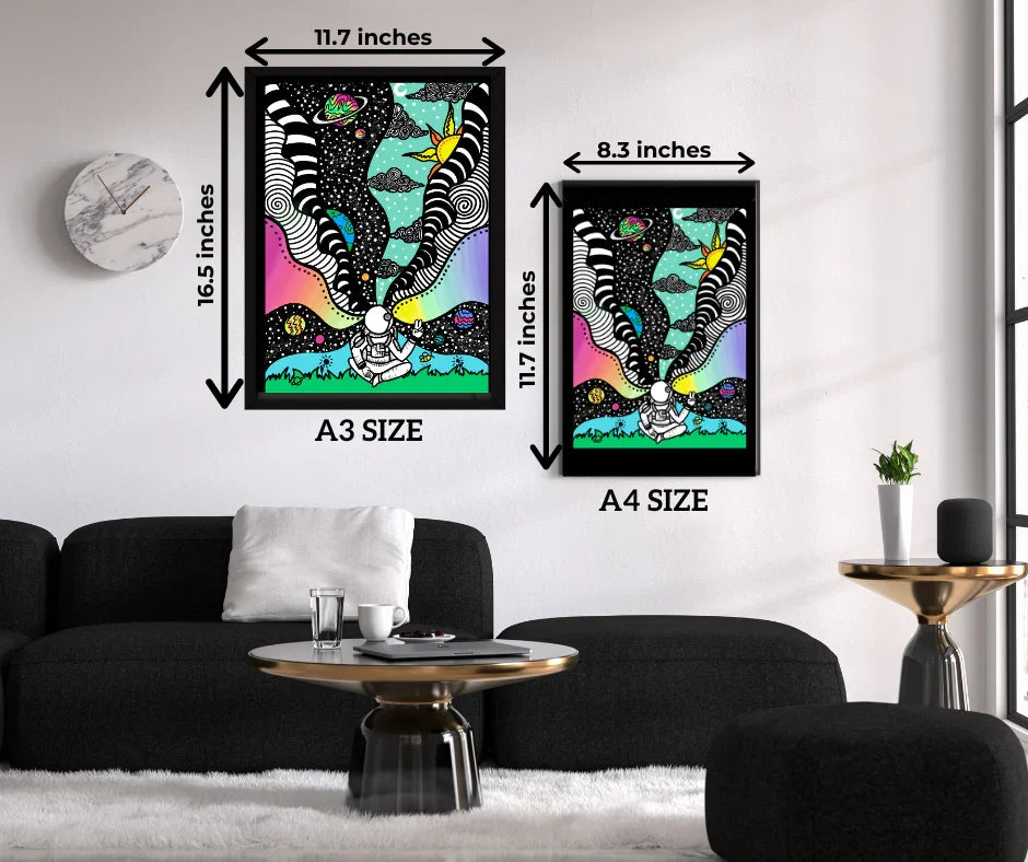 Modern living room with black sofa, marble wall clock, gold and black coffee table, and two colorful astronaut posters in A3 and A4 sizes