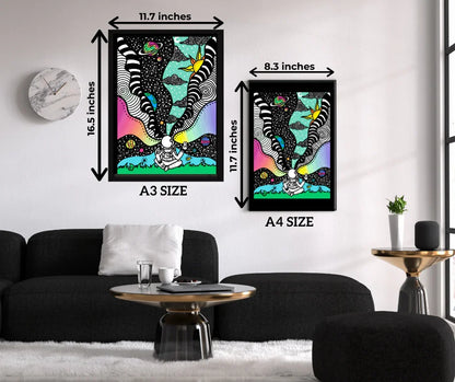 Modern living room with black sofa, marble wall clock, gold and black coffee table, and two colorful astronaut posters in A3 and A4 sizes