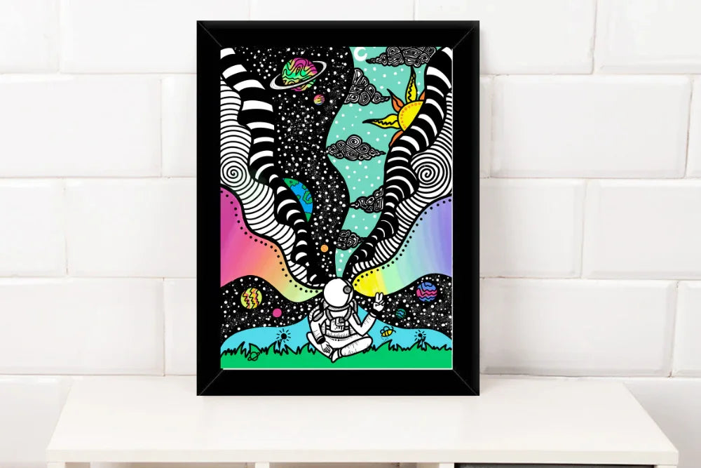 Framed colorful psychedelic astronaut print with planets, sun, clouds, and cosmic patterns on white tile background