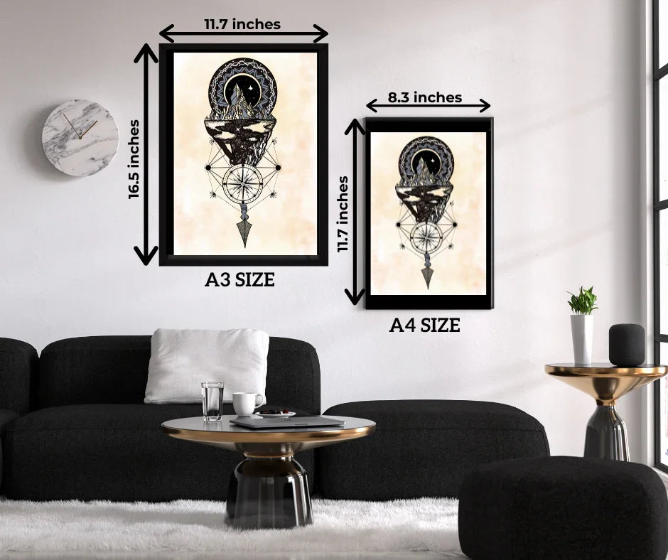 Modern living room with black sofa, gold coffee tables, and framed geometric mountain art in A3 and A4 sizes