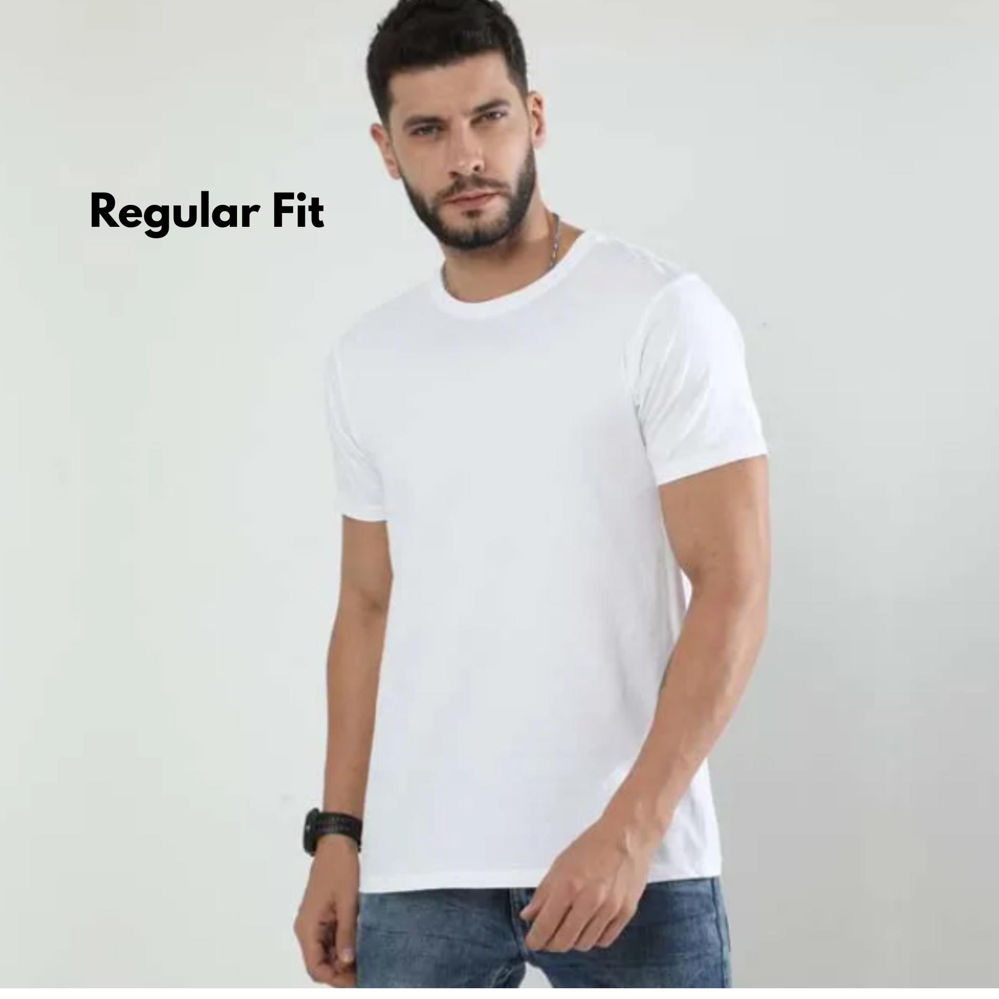 Man wearing plain white regular fit t-shirt with blue jeans against white background