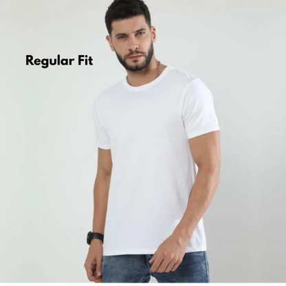 Man wearing plain white regular fit t-shirt with blue jeans against white background