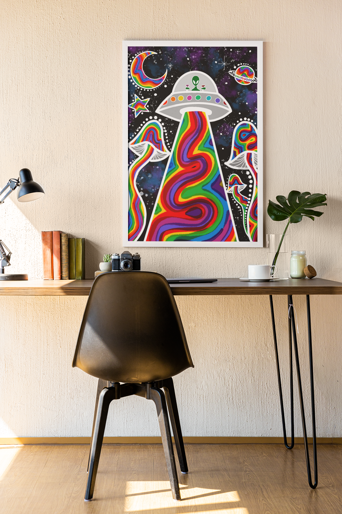 Colorful psychedelic alien UFO beam abducting mushrooms with rainbow planets in space art print