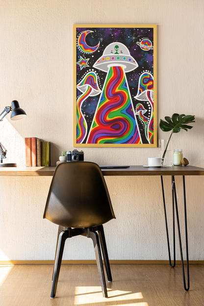 Colorful psychedelic UFO art print with rainbow abduction beam and cosmic background, framed on wall