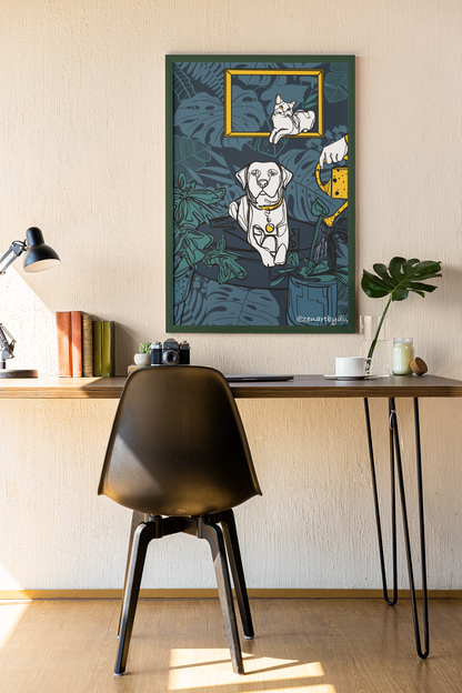 Modern workspace with desk, black chair, lamp, books, camera, and framed pet art of dog, cat, and plants