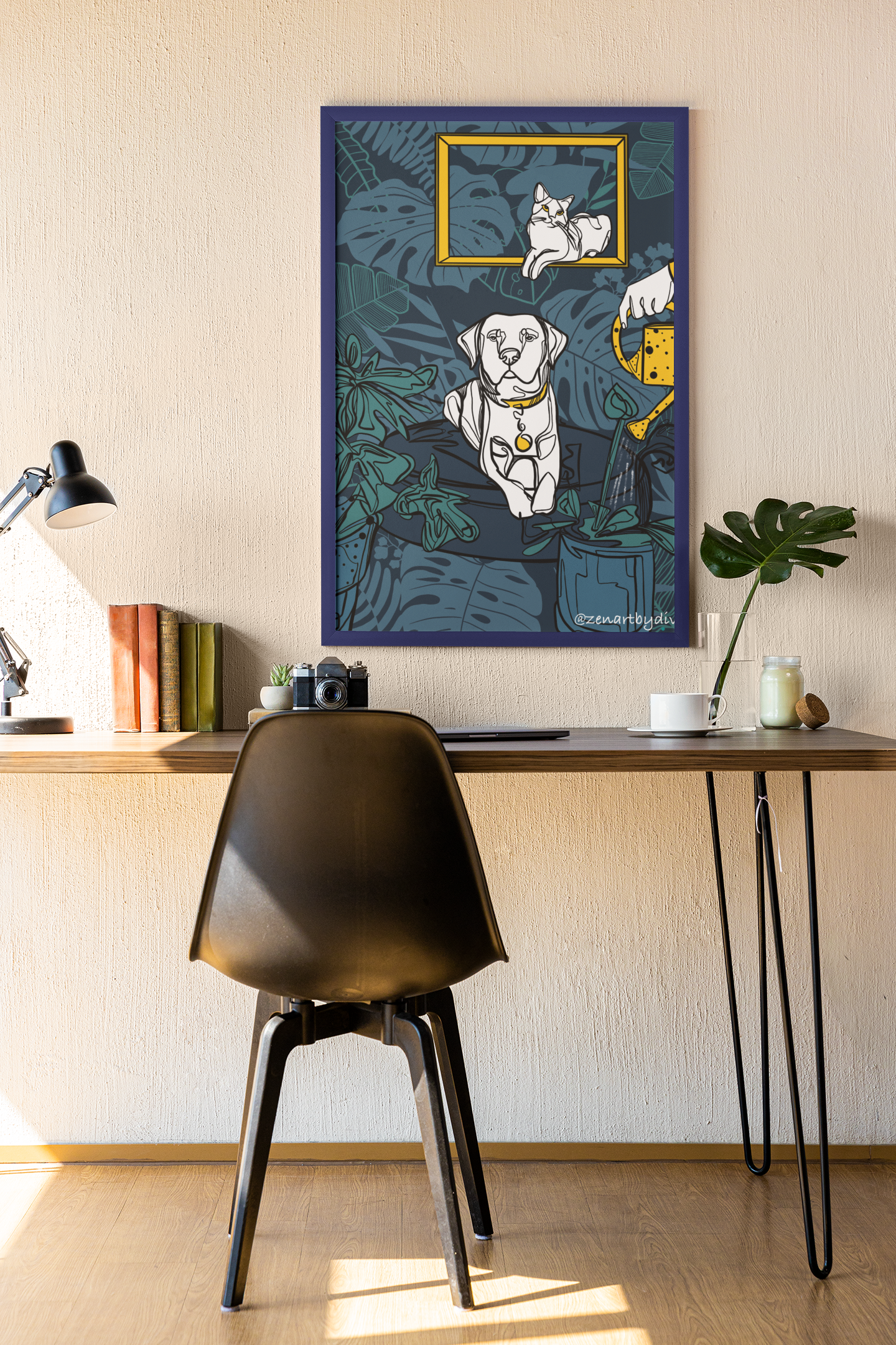 Modern home office with wooden desk, black chair, lamp, books, and framed art of cat and dog in blue tones