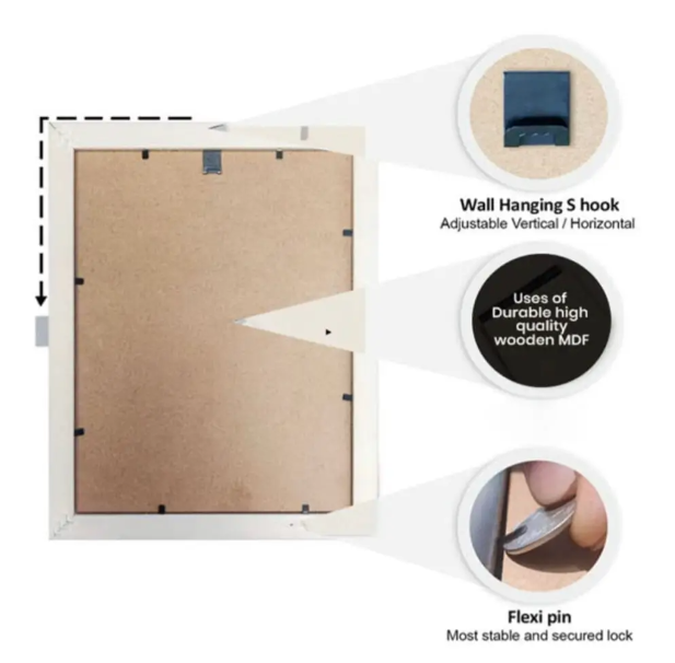 Back view of wooden MDF photo frame with adjustable wall hanging S hook and secure flexi pin lock