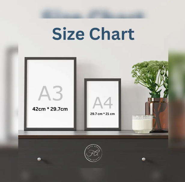 Size chart displaying A3 and A4 photo frame dimensions on wooden surface with plant and candle