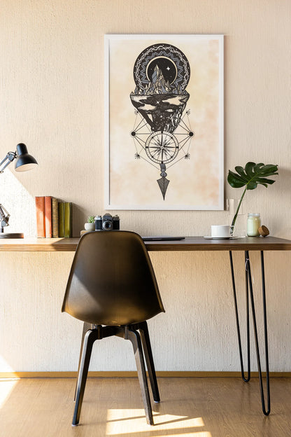 Minimalist workspace with a black chair, wooden desk, potted plant, camera, books, and abstract mountain compass wall art